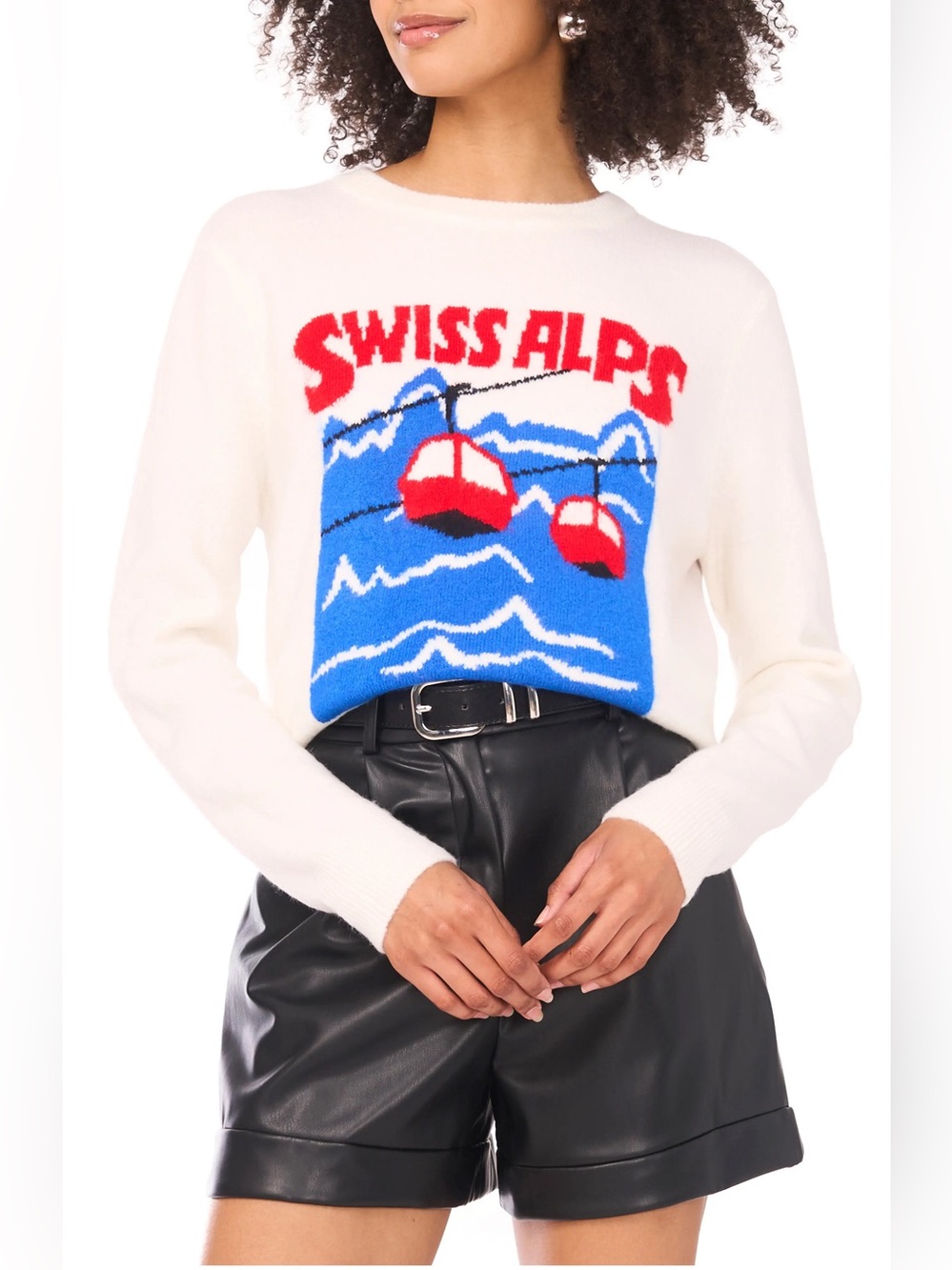 NWT Vince Camuto Les Alpes White Crewneck Graphic Sweater SzS